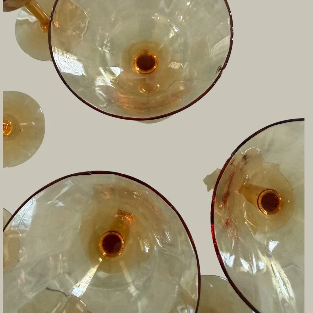 Vintage Amber Glass Champagne Coupes Optic Rib Martini Glasses Set of 8 Decor